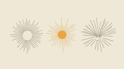 Obraz premium Three sunburst designs, minimalist art, neutral background, graphic design elements