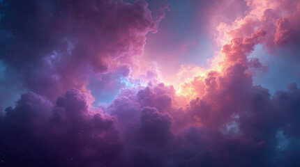 A vibrant dynamic space scene with swirling colorful clouds and stars alongside different particles resembling a nebula with glowing scenic colors, illustration
