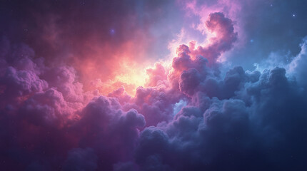 Fototapeta premium A vibrant dynamic space scene with swirling colorful clouds and stars alongside different particles resembling a nebula with glowing scenic colors, illustration 