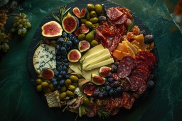 Fototapeta premium A delectable charcuterie board featuring figs, cheeses, salami, olives, and grapes, perfect for a sophisticated gathering.