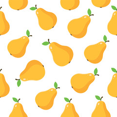 Seamless pattern with fresh ripe pears in flat cartoon style. Vector fruit illustration on white background. Perfect for food packaging, beverage labels, textile, and wallpaper design