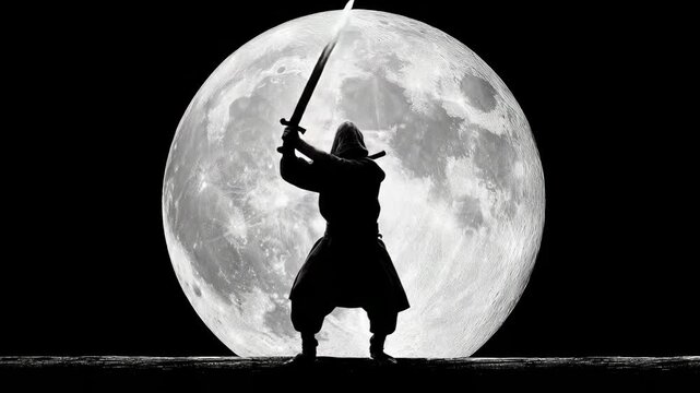 Mysterious hooded warrior holding up sword in front of giant moon at night in silhouette and shadows with glowing blade