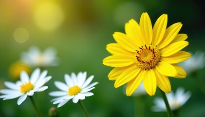 Fototapeta premium One bright yellow sunflower amidst white daisies, closeup, simple