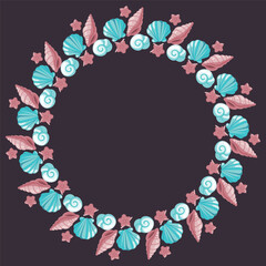 A round frame made of seashells and stars. Vector drawing of blue and pink shells dark background.