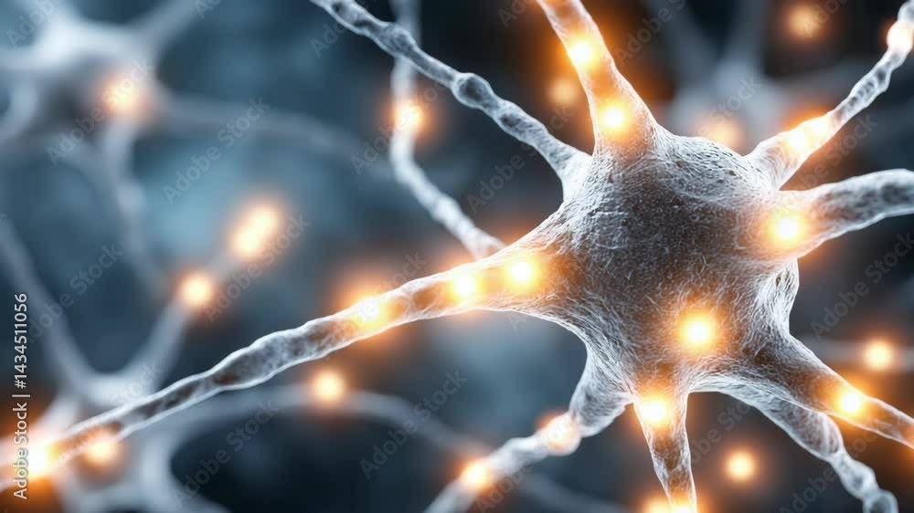 Poster close up of nerve cell with glowing signals, depicting neuron structure and neural transmission, bra