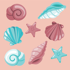 Vector set of various shells and shells in blue and pink colors.
