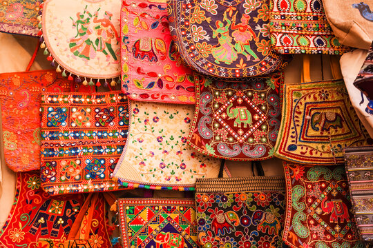 Colorful Hand made Rajasthani style women s purses and bags up for sale in Jaisalmer local street markets in Rajasthan, India