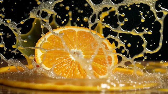 Vibrant splash of orange juice erupts as an orange slice impacts the surface