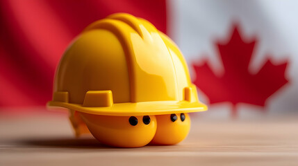 Yellow Hard Hat Miniature Against Canadian Flag Background