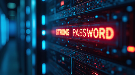 A glowing password field with a "strong password" being entered, surrounded by floating lock icons