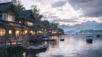 Fototapeta premium Serene Japanese Village Lakeside Houses at Dusk Tranquil Mountain View Peaceful Boats Calm Water Evening Scene Beautiful Architecture Traditional 