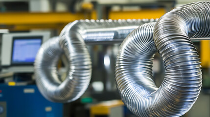 Fototapeta premium Mechanical arm shaping metal tubing in a clean HVAC component workshop, coiled tubes and measurement screens aligned, HVAC industry style