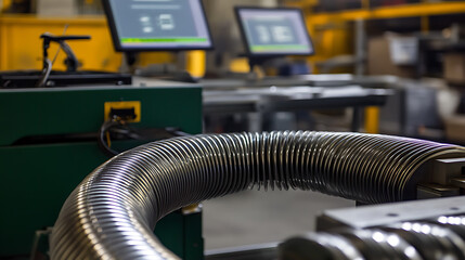 Fototapeta premium Mechanical arm shaping metal tubing in a clean HVAC component workshop, coiled tubes and measurement screens aligned, HVAC industry style