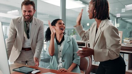 Happy, business people and computer with applause for celebration, winning or good news at office desk. Excited group, team or employees clapping with high five for company success or promotion