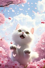 Playful White Kitten Surrounded by Cherry Blossoms and Butterflies — Cute Spring Illustration

