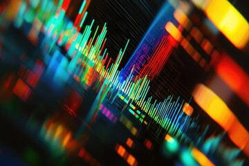 Vibrant abstract image of colorful data visualizations, resembling audio waveforms or stock market charts.