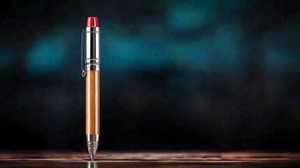 Naklejka premium Elegant wooden pen with silver accents on a blurred dark background, ideal for writing and office use
