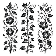 Border Elements for plants Design. Hand drawn Monochrome Vine Flowers Illustration. Vines Blossom Flower Silhouette Decoration. Elegant Hibiscus stems Floral Black and White Botanical drawing. 