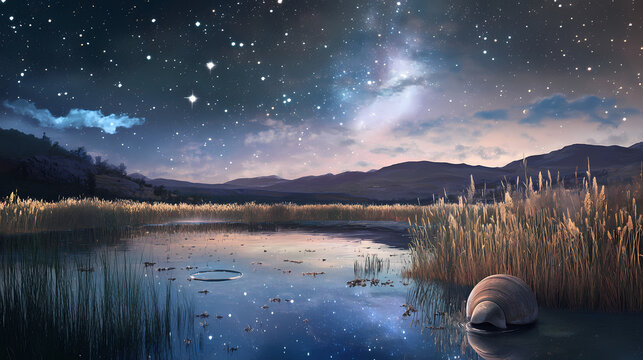 Wild grass nebula shining above reflective crater pond with grounded bee shell and delicate comet bloom. Comet Bloom. Illustration