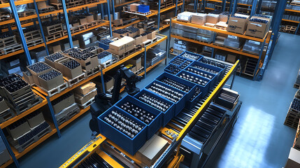 Mechanical arm sorting automotive parts in a vehicle parts warehouse, neatly labeled bins and conveyors visible, Automotive sorting style