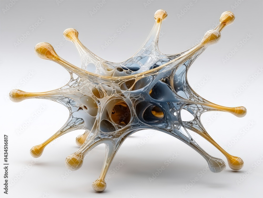 Poster abstract 3d structure resembling organic forms with intricate connections and light reflections.