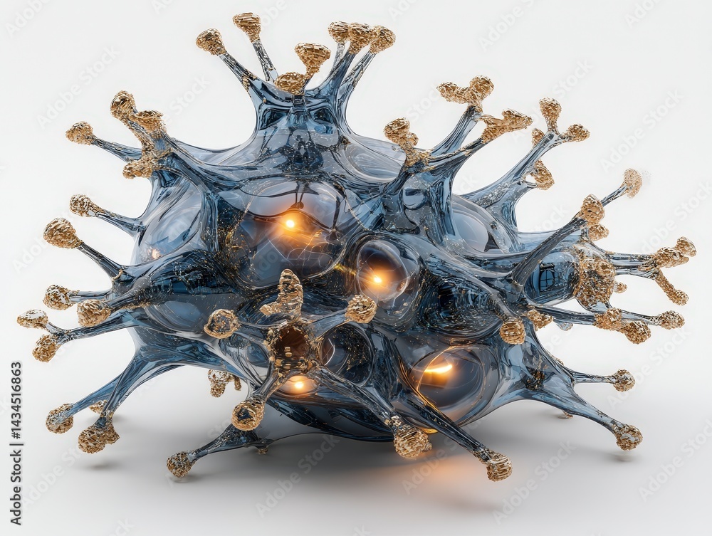 Poster intricate abstract 3d neural network design resembling a virus with glowing elements.