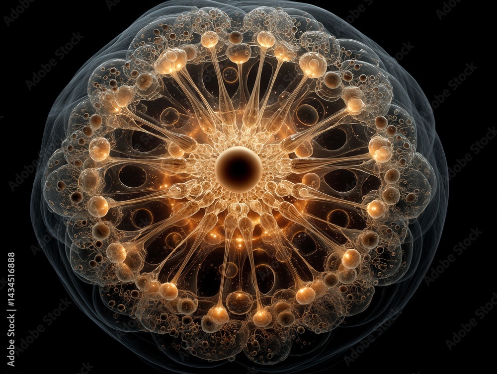 Poster intricate circular pattern with luminous orbs and swirling lines on a dark background.