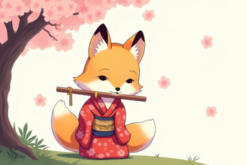 Charming Chibi Fox in Kimono Plays Shakuhachi Under Cherry Blossoms - Serene Anime Art