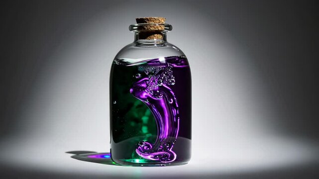 Mysterious potion movement in glass bottle with vibrant green and purple swirls