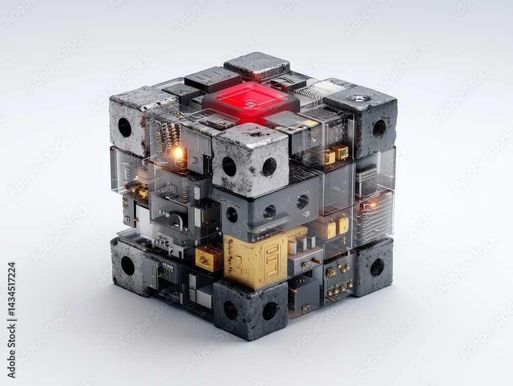 Poster futuristic ai powered data cube with intricate design and glowing elements, blending technology and 
