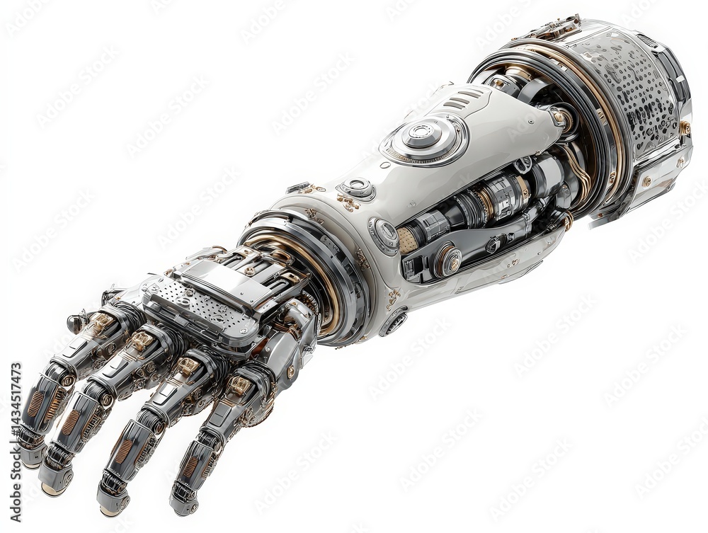 Poster bionic arm with intricate mechanical design and advanced technology features.