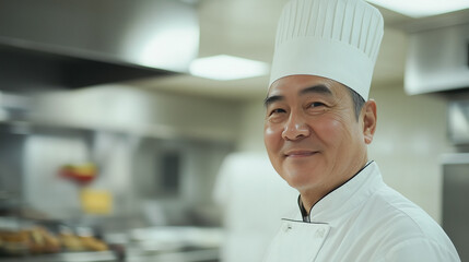 Elderly Asian chef smiling in commercial kitchen
