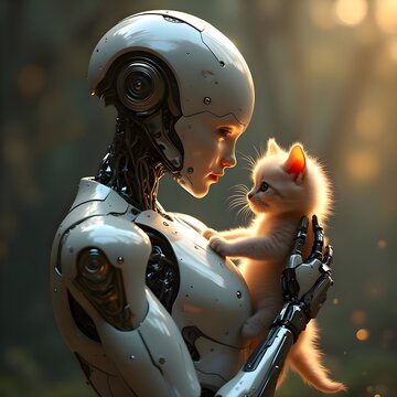 A female cyborg holding a little kitten Generated image