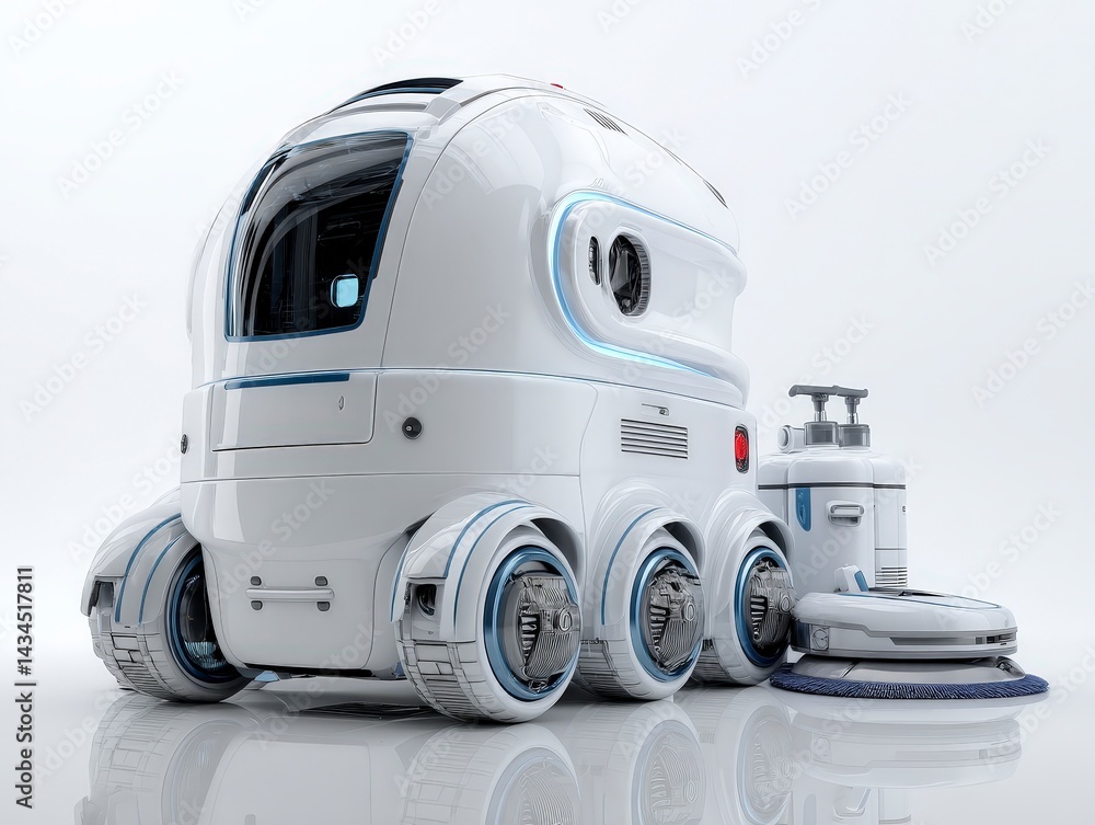 Poster futuristic cleaning robot with a sleek design and multiple wheels for mobility.