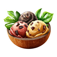 Delicious ice cream scoops with nuts and chocolate pieces in coconut shell on transparent background