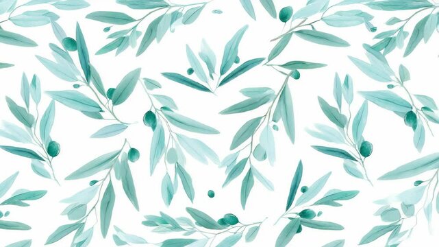 Seamless pattern featuring watercolor olive branches and fruits in teal and white, stylized botanical background, illustration.