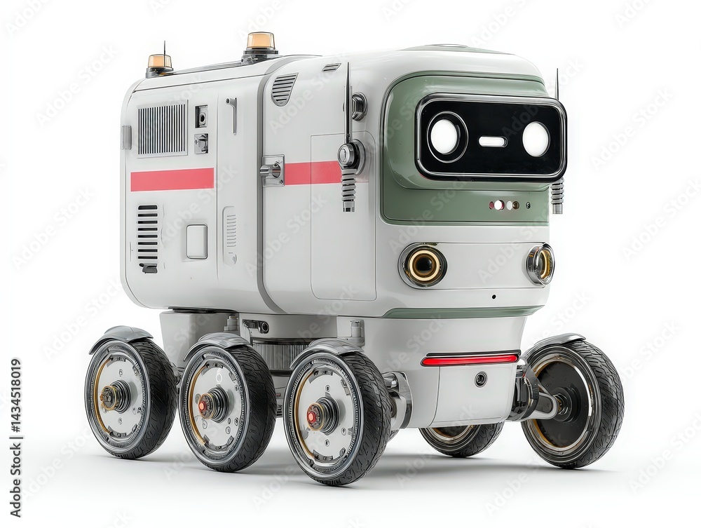 Poster futuristic compact delivery robot vehicle with a retro design and four wheels.