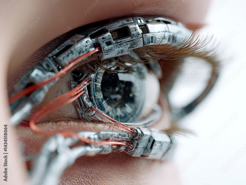 Poster futuristic eye with robotic elements showcasing a blend of technology and human features.