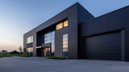 Modern, sleek industrial building at twilight.  Spacious, contemporary structure with dark facade, large windows, and a garage door