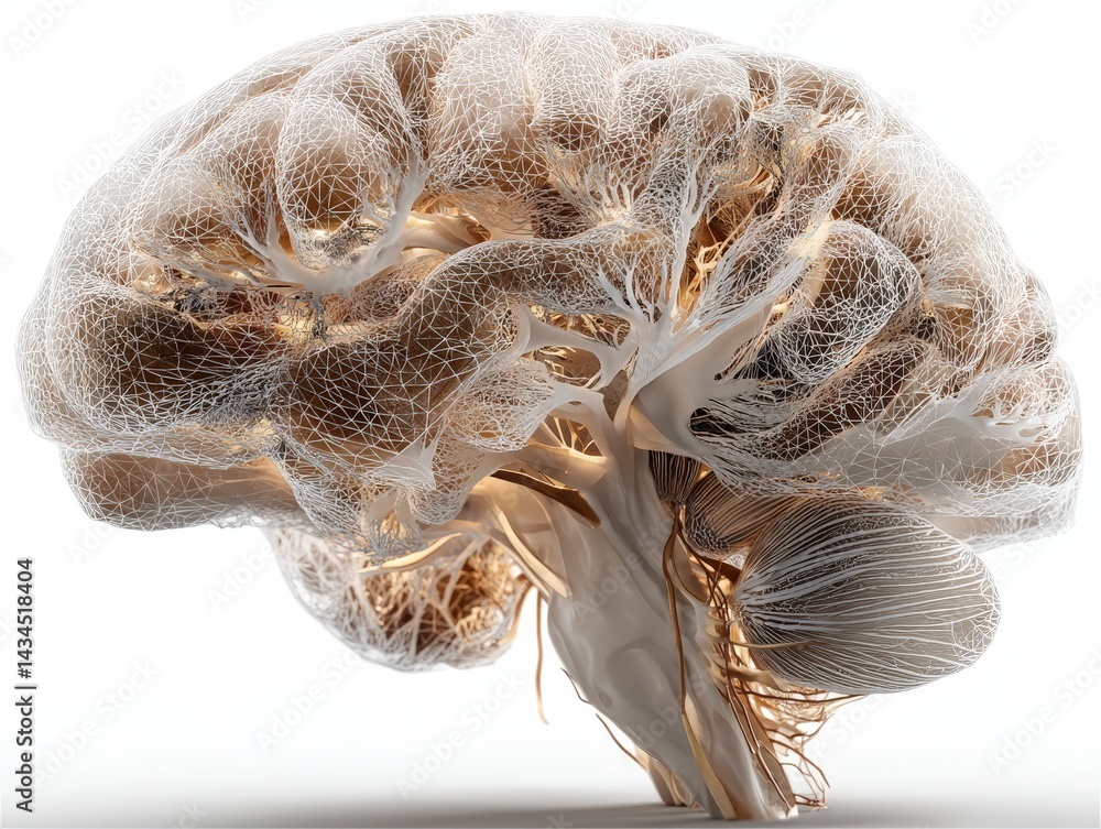 Poster 3d wireframe model of a human brain showcasing neural pathways and structure.