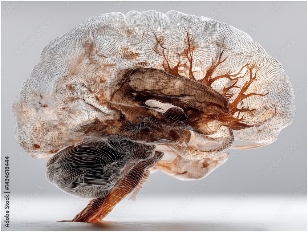 Poster stylized illustration of a brain with intricate line patterns and textures.
