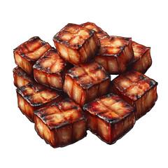 Grilled pork belly cubes forming a delicious pile on transparent background