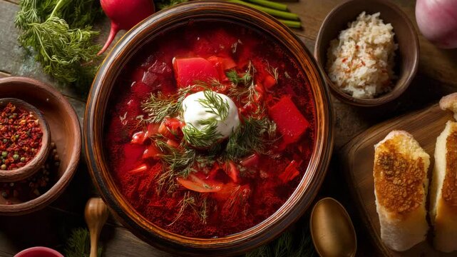 Rotating overhead shot of borscht with sour cream and fresh herbs