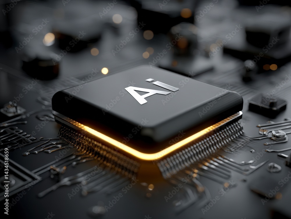Poster a close-up of a black ai chip on a circuit board with glowing edges.