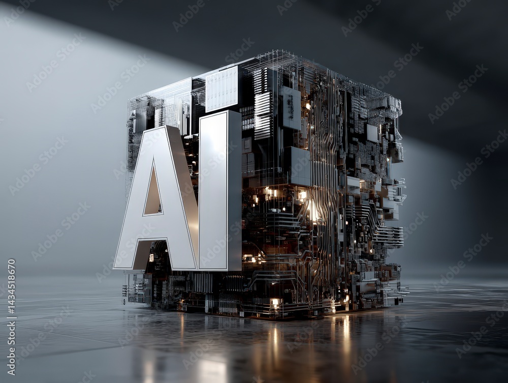 Poster 3d representation of ai technology with a metallic cube and circuitry design.