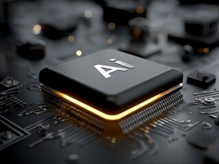 A close-up of a black AI chip on a circuit board with glowing edges.