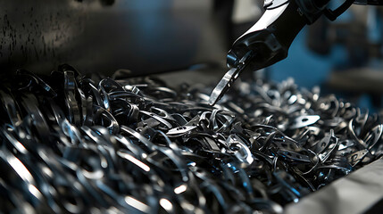 Mechanical arm sorting small mechanical parts in a high tech assembly line, organized bins and tool stations visible, Small part sorting style