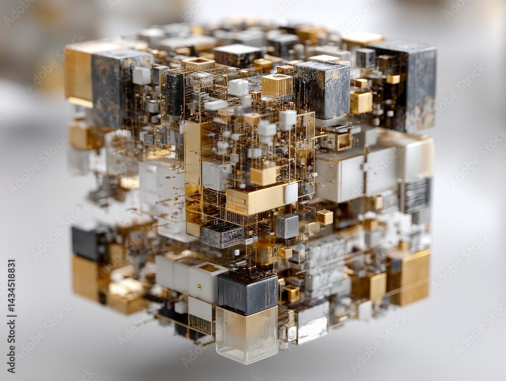 Poster abstract 3d cube design with intricate geometric patterns and metallic textures.