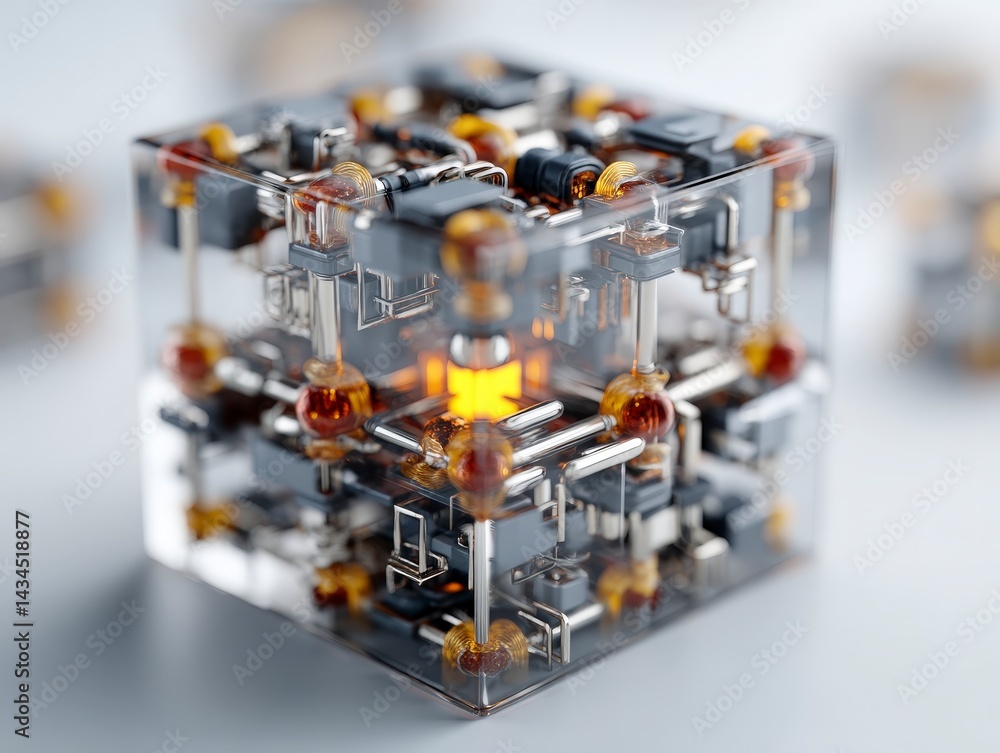 Poster futuristic transparent ai data core cube with intricate circuitry and glowing elements.