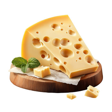Maasdam cheese wedge with crumbs on wooden board with transparent background